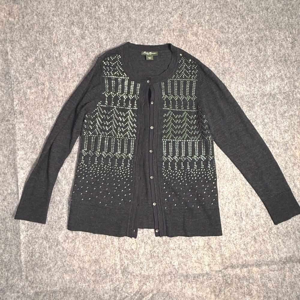Eddie Bauer Womens Large Grey 100% Merino Wool Geometric Beaded Cardigan Sweater